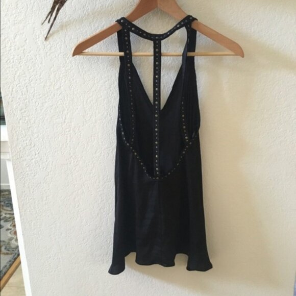 New BCBGMaxAzria Abbey v-neck studded cutout cage open back trapeze satin top - Picture 4 of 8